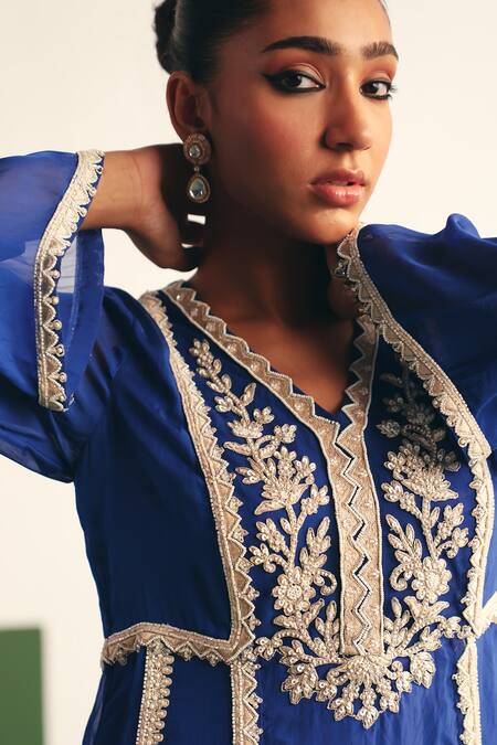 Shop Reeti Arneja - Theklub Blue Organza, Cotton Satin Sequins, Cut Blair Floral Yoke Anarkali Sharara Set Online at Aza Fashions Shop_Reeti Arneja - Theklub_Blue Organza, Cotton Satin Sequins, Cut Blair Floral Yoke Anarkali Sharara Set _Online_at_Aza_Fashions