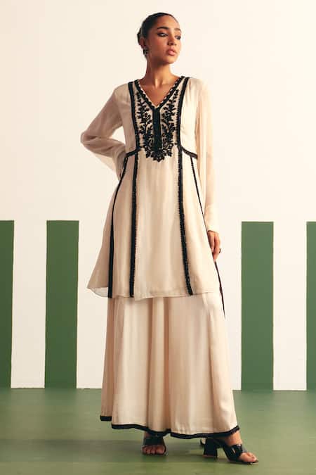 Shop_Reeti Arneja - Theklub_Ivory Organza, Cotton Satin Sequins, Cut Blair Flower Yoke Anarkali Sharara Set _at_Aza_Fashions