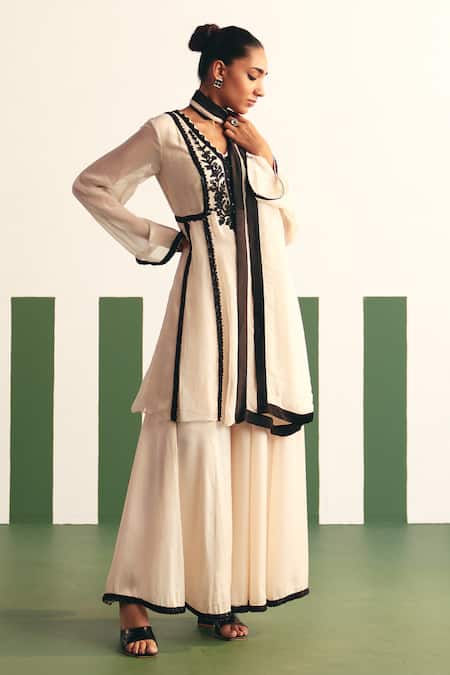 Reeti Arneja - Theklub_Ivory Organza, Cotton Satin Sequins, Cut Blair Flower Yoke Anarkali Sharara Set _Online_at_Aza_Fashions