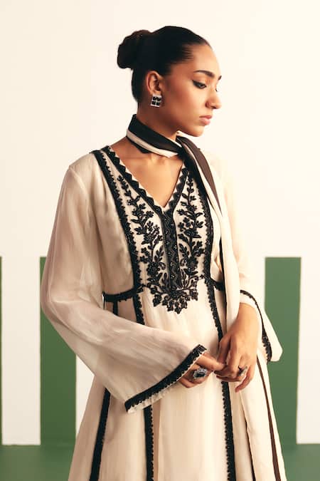 Shop_Reeti Arneja - Theklub_Ivory Organza, Cotton Satin Sequins, Cut Blair Flower Yoke Anarkali Sharara Set _Online_at_Aza_Fashions