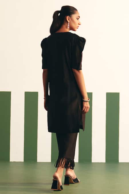 Shop Reeti Arneja - Theklub Black Chanderi Sequins, Lace Split Darla Placement Embroidered Kurta With Pant at Aza Fashions Shop_Reeti Arneja - Theklub_Black Chanderi Sequins, Lace Split Darla Placement Embroidered Kurta With Pant _at_Aza_Fashions