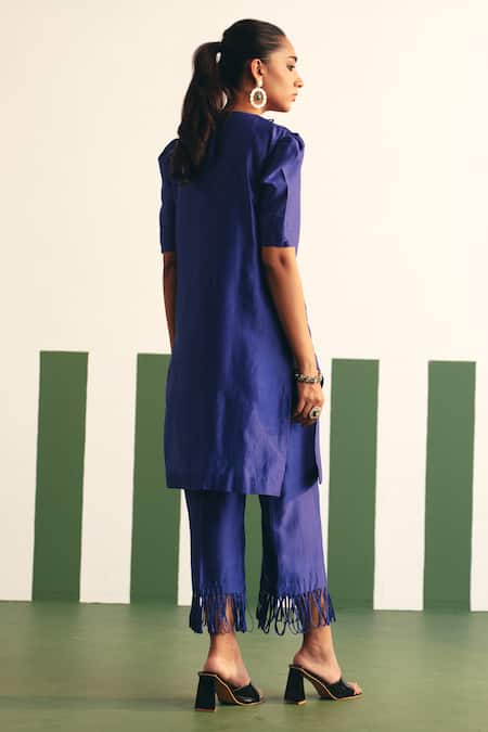 Shop Reeti Arneja - Theklub Blue Chanderi Sequins, Cut Work Darla Placement Embroidered Kurta With Pant at Aza Fashions Shop_Reeti Arneja - Theklub_Blue Chanderi Sequins, Cut Work Darla Placement Embroidered Kurta With Pant _at_Aza_Fashions