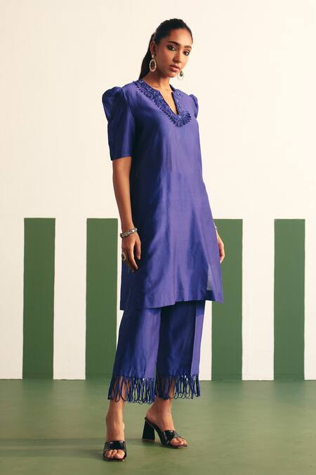 Reeti Arneja - Theklub Blue Chanderi Sequins, Cut Work Darla Placement Embroidered Kurta With Pant Online at Aza Fashions Reeti Arneja - Theklub_Blue Chanderi Sequins, Cut Work Darla Placement Embroidered Kurta With Pant _Online_at_Aza_Fashions