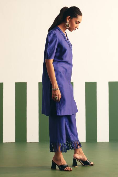 Buy Reeti Arneja - Theklub Blue Chanderi Sequins, Cut Work Darla Placement Embroidered Kurta With Pant Online at Aza Fashions Buy_Reeti Arneja - Theklub_Blue Chanderi Sequins, Cut Work Darla Placement Embroidered Kurta With Pant _Online_at_Aza_Fashions