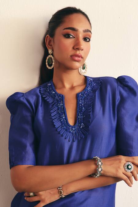 Shop Reeti Arneja - Theklub Blue Chanderi Sequins, Cut Work Darla Placement Embroidered Kurta With Pant Online at Aza Fashions Shop_Reeti Arneja - Theklub_Blue Chanderi Sequins, Cut Work Darla Placement Embroidered Kurta With Pant _Online_at_Aza_Fashions