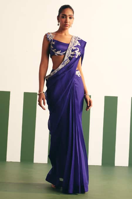 Reeti Arneja - Theklub_Blue Cotton Satin, Asena Pre-stitched Floral Embroidered Saree With Blouse _Online_at_Aza_Fashions