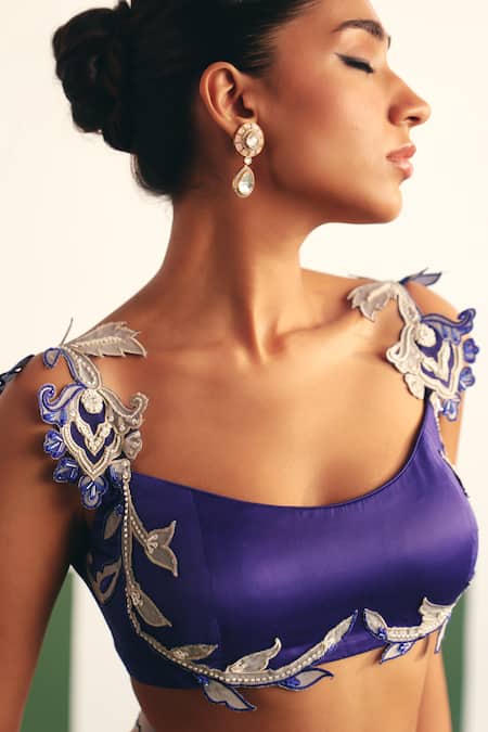 Buy_Reeti Arneja - Theklub_Blue Cotton Satin, Asena Pre-stitched Floral Embroidered Saree With Blouse _Online_at_Aza_Fashions