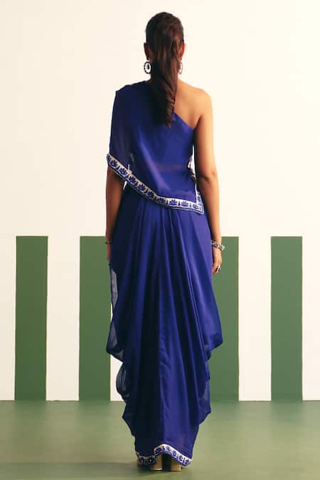 Shop Reeti Arneja - Theklub Blue Organza Beads, Stones Asymmetric Nolan Embroidered Top With Dhoti Skirt at Aza Fashions Shop_Reeti Arneja - Theklub_Blue Organza Beads, Stones Asymmetric Nolan Embroidered Top With Dhoti Skirt _at_Aza_Fashions