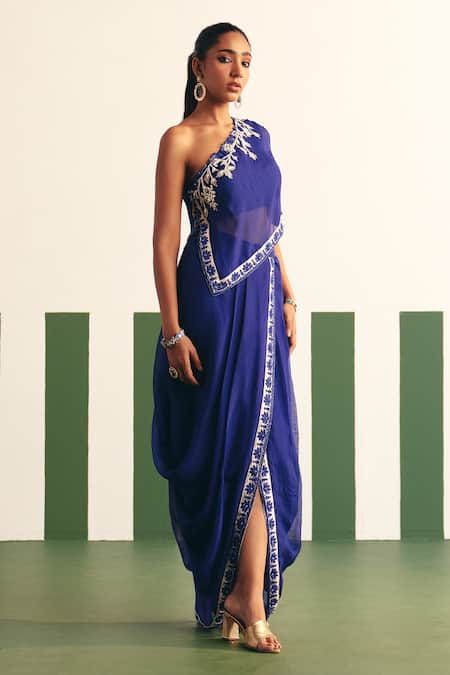 Reeti Arneja - Theklub Blue Organza Beads, Stones Asymmetric Nolan Embroidered Top With Dhoti Skirt Online at Aza Fashions Reeti Arneja - Theklub_Blue Organza Beads, Stones Asymmetric Nolan Embroidered Top With Dhoti Skirt _Online_at_Aza_Fashions
