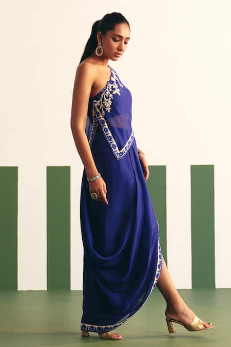 Buy Reeti Arneja - Theklub Blue Organza Beads, Stones Asymmetric Nolan Embroidered Top With Dhoti Skirt Online at Aza Fashions Buy_Reeti Arneja - Theklub_Blue Organza Beads, Stones Asymmetric Nolan Embroidered Top With Dhoti Skirt _Online_at_Aza_Fashions