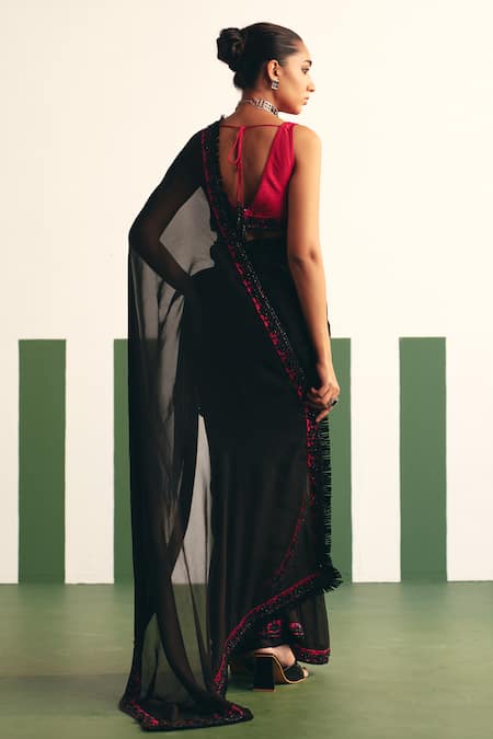 Shop_Reeti Arneja - Theklub_Black Organza, Silk Beads, Stones Pasha Embroidered Border Saree With Blouse _at_Aza_Fashions
