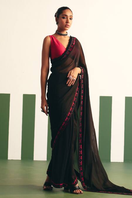 Reeti Arneja - Theklub_Black Organza, Silk Beads, Stones Pasha Embroidered Border Saree With Blouse _Online_at_Aza_Fashions