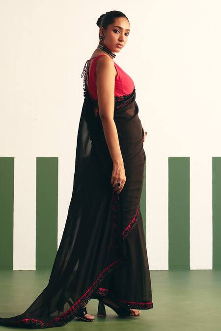 Buy_Reeti Arneja - Theklub_Black Organza, Silk Beads, Stones Pasha Embroidered Border Saree With Blouse _Online_at_Aza_Fashions