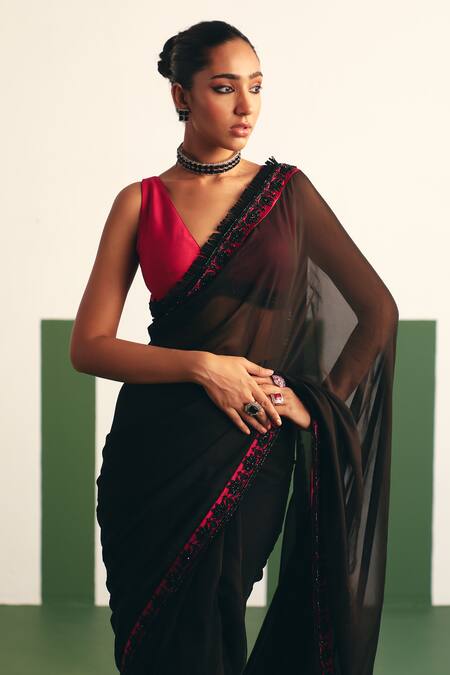 Shop_Reeti Arneja - Theklub_Black Organza, Silk Beads, Stones Pasha Embroidered Border Saree With Blouse _Online_at_Aza_Fashions