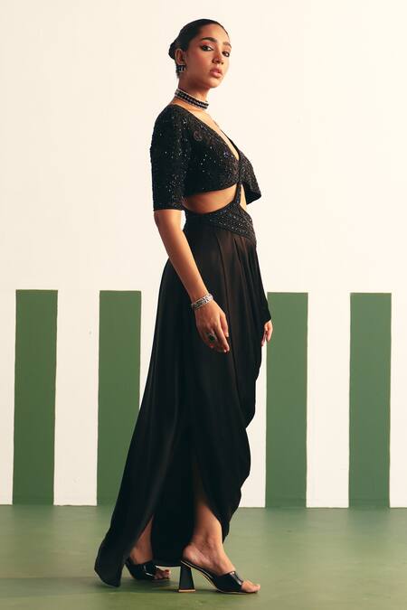 Buy Reeti Arneja - Theklub Black Georgette, Modal Sequins, Cut Work Nazir Pre-stitched Saree Gown Online at Aza Fashions Buy_Reeti Arneja - Theklub_Black Georgette, Modal Sequins, Cut Work Nazir Pre-stitched Saree Gown _Online_at_Aza_Fashions