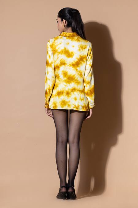 Shop Zeefaa Yellow Modal, Satin Sequins Collared Hand Tie-dyed Wrap Shirt at Aza Fashions Shop_Zeefaa_Yellow Modal, Satin Sequins Collared Hand Tie-dyed Wrap Shirt_at_Aza_Fashions