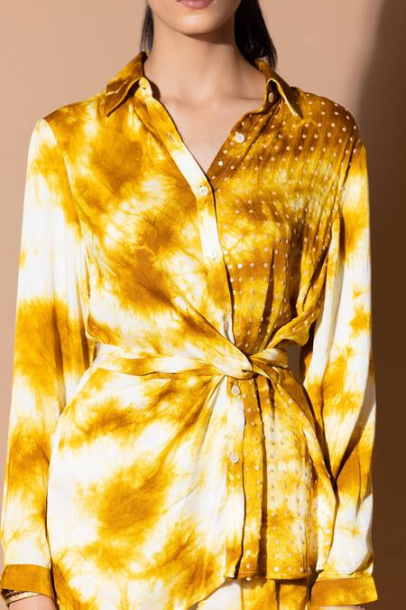Shop Zeefaa Yellow Modal, Satin Sequins Collared Hand Tie-dyed Wrap Shirt Online at Aza Fashions Shop_Zeefaa_Yellow Modal, Satin Sequins Collared Hand Tie-dyed Wrap Shirt_Online_at_Aza_Fashions