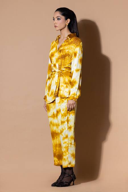 Zeefaa_Yellow Modal, Satin Sequins Collared Hand Tie-dyed Wrap Shirt And Trouser Set_Online_at_Aza_Fashions