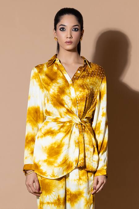 Buy_Zeefaa_Yellow Modal, Satin Sequins Collared Hand Tie-dyed Wrap Shirt And Trouser Set_Online_at_Aza_Fashions