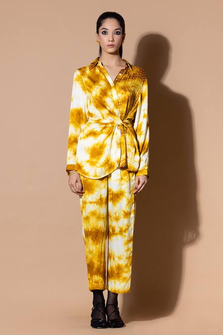 Shop_Zeefaa_Yellow Modal, Satin Sequins Collared Hand Tie-dyed Wrap Shirt And Trouser Set_Online_at_Aza_Fashions