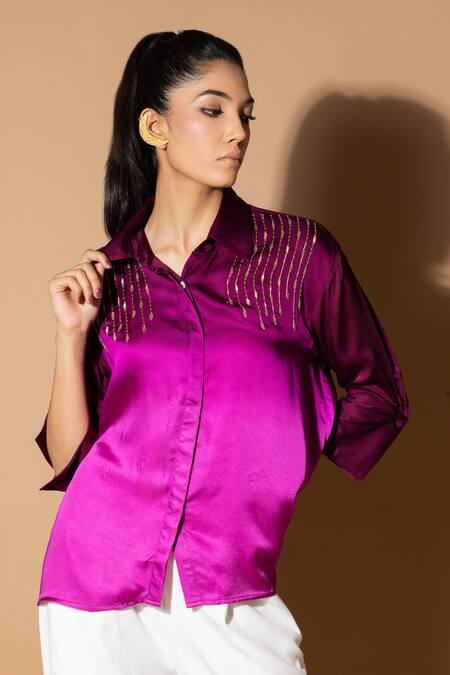 Zeefaa_Purple Modal, Satin Sequins Collared Hand Embellished Shirt_Online_at_Aza_Fashions