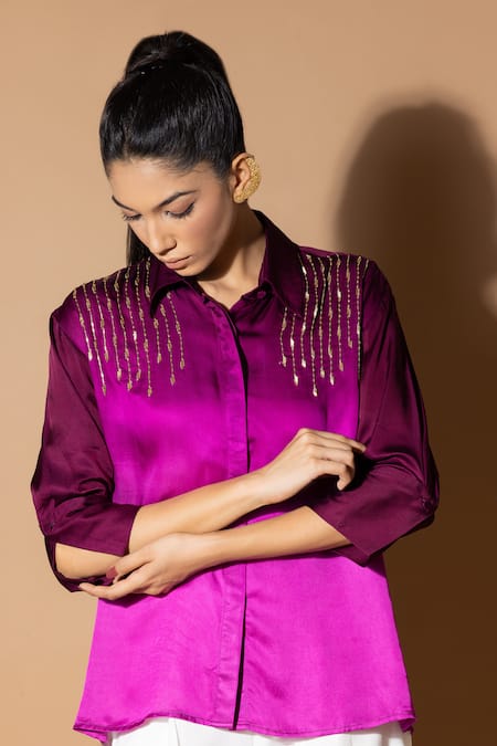Buy_Zeefaa_Purple Modal, Satin Sequins Collared Hand Embellished Shirt_Online_at_Aza_Fashions