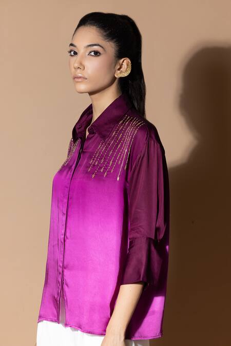 Shop_Zeefaa_Purple Modal, Satin Sequins Collared Hand Embellished Shirt_Online_at_Aza_Fashions