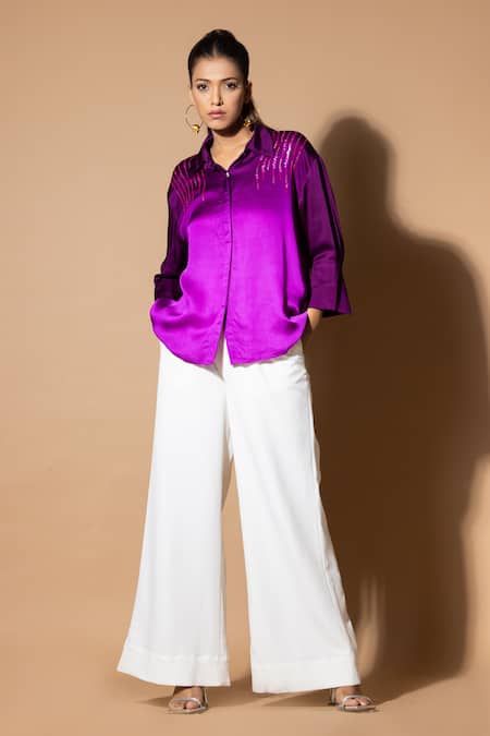 Zeefaa Purple Modal Satin Hand Embellished Sequins Collar Shirt 