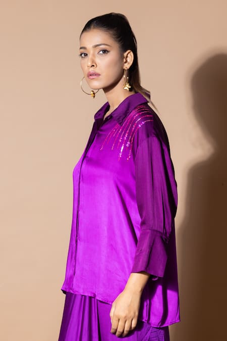Zeefaa_Purple Modal, Satin Sequins Collared Embellished Shirt_Online_at_Aza_Fashions