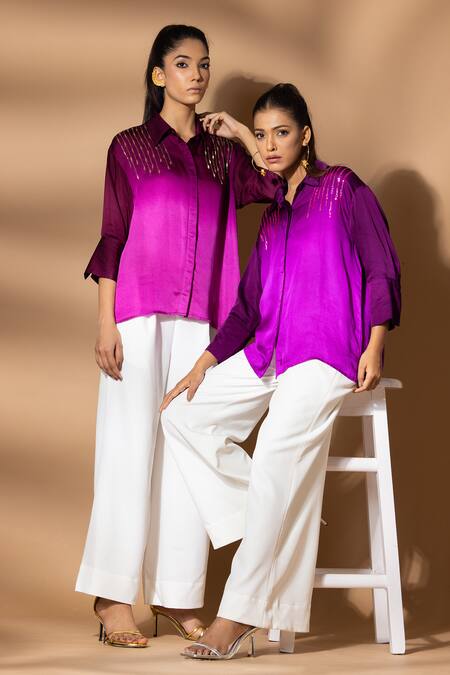 Shop_Zeefaa_Purple Modal, Satin Sequins Collared Embellished Shirt_Online_at_Aza_Fashions