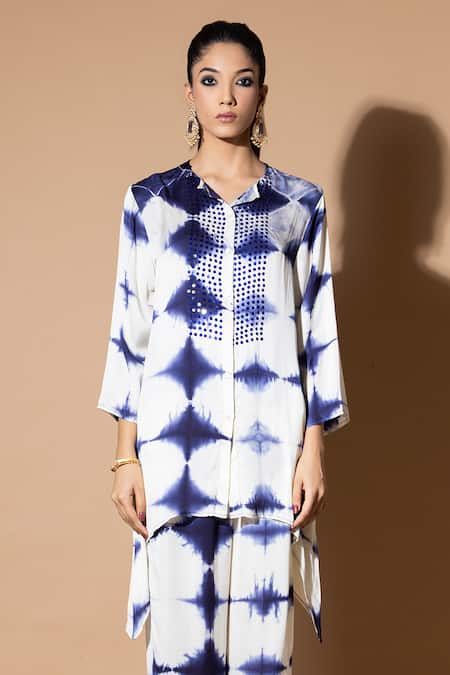 Zeefaa_Blue Modal, Satin Sequins Split V-neck Tie-dye Pattern Kurta And Straight Pant Set_Online_at_Aza_Fashions