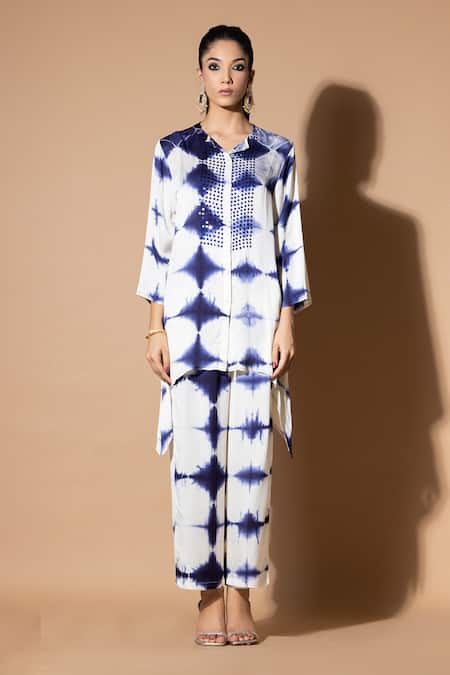 Buy_Zeefaa_Blue Modal, Satin Sequins Split V-neck Tie-dye Pattern Kurta And Straight Pant Set_Online_at_Aza_Fashions