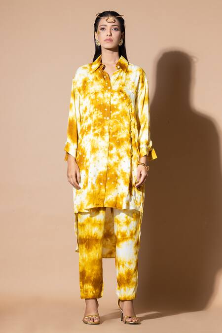 Zeefaa_Yellow Modal, Satin Sequins, Embroidery Collared Hand Kurta And Straight Pant Set_Online_at_Aza_Fashions