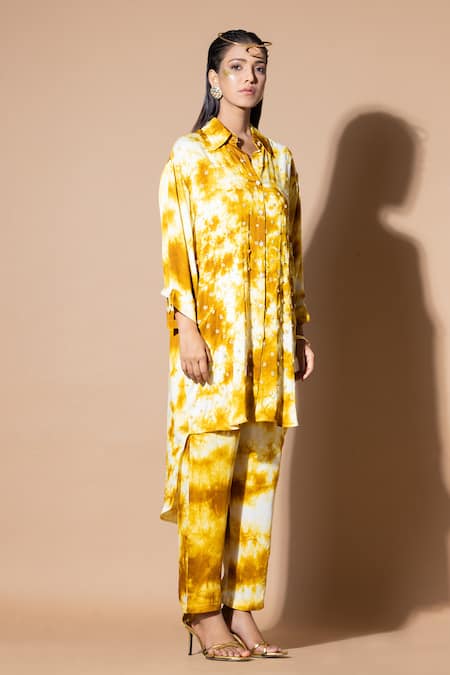 Buy_Zeefaa_Yellow Modal, Satin Sequins, Embroidery Collared Hand Kurta And Straight Pant Set_Online_at_Aza_Fashions