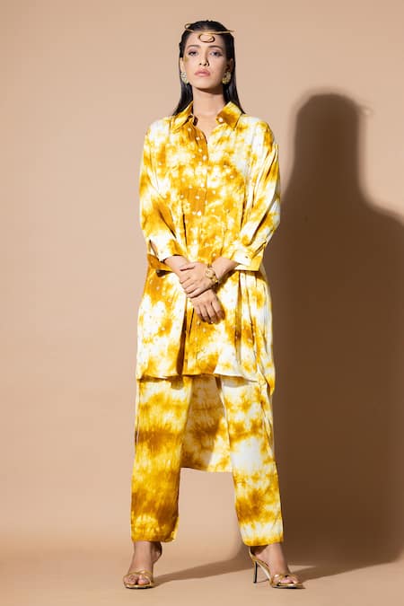 Shop_Zeefaa_Yellow Modal, Satin Sequins, Embroidery Collared Hand Kurta And Straight Pant Set_Online_at_Aza_Fashions