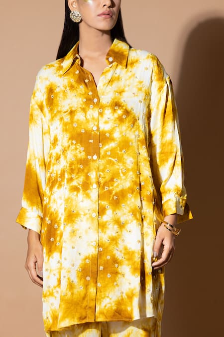 Zeefaa_Yellow Modal, Satin Sequins, Embroidery Collared Hand Kurta And Straight Pant Set_at_Aza_Fashions