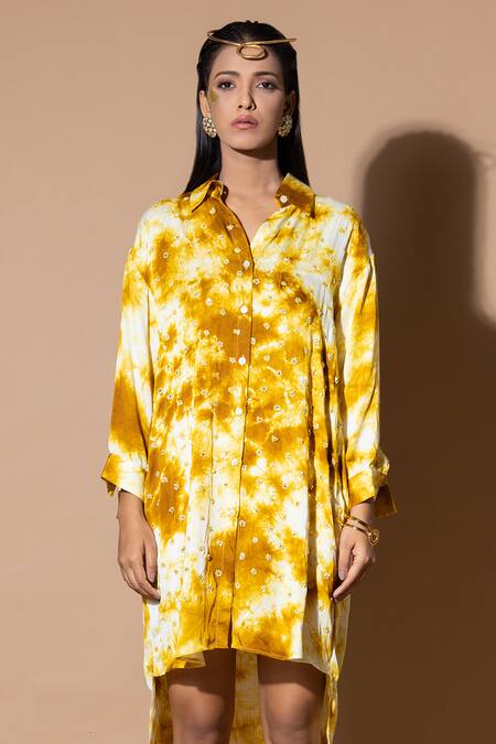 Zeefaa_Yellow Modal, Satin Embroidery, Sequins Collared Hand Kurta_Online_at_Aza_Fashions