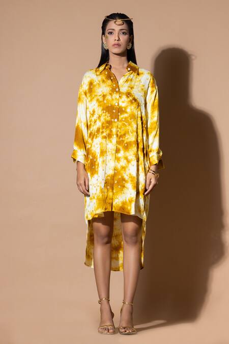 Buy_Zeefaa_Yellow Modal, Satin Embroidery, Sequins Collared Hand Kurta_Online_at_Aza_Fashions