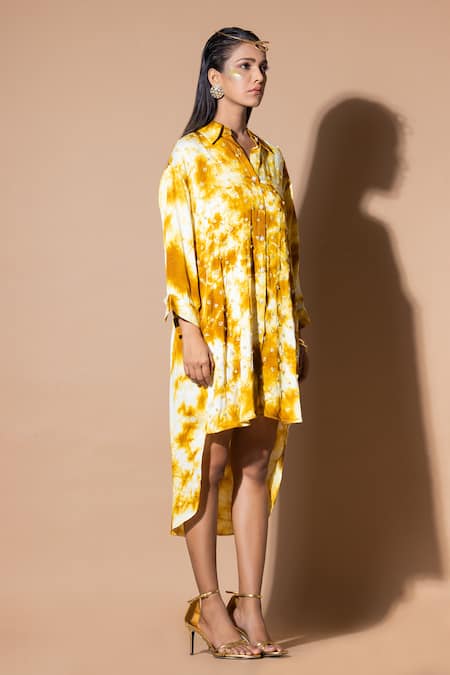 Shop_Zeefaa_Yellow Modal, Satin Embroidery, Sequins Collared Hand Kurta_Online_at_Aza_Fashions