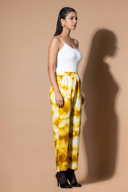 Zeefaa_Yellow Modal Satin Tie-dye Straight Pant_Online_at_Aza_Fashions