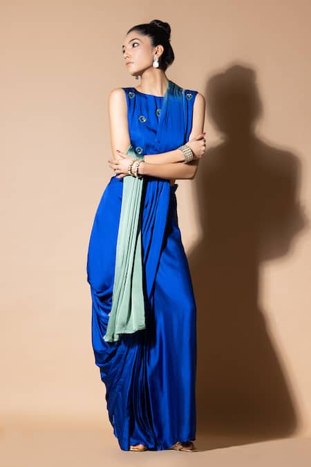 Zeefaa_Blue Modal, Satin Embroidery Round Neck Pre-draped Saree With Crop Top_Online_at_Aza_Fashions