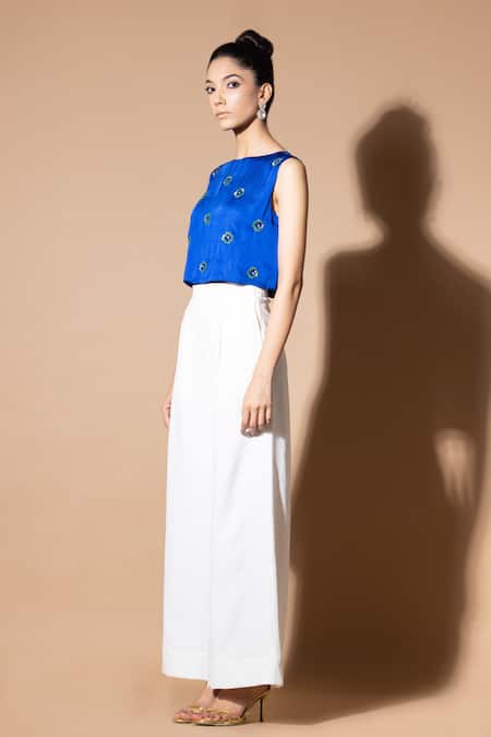 Zeefaa_Blue Modal, Satin Sequins Round Neck Hand Embroidered Crop Top_Online_at_Aza_Fashions