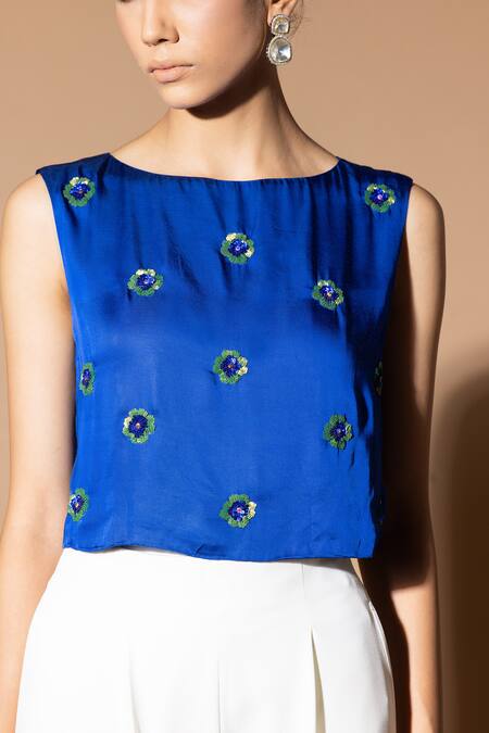 Buy_Zeefaa_Blue Modal, Satin Sequins Round Neck Hand Embroidered Crop Top_Online_at_Aza_Fashions