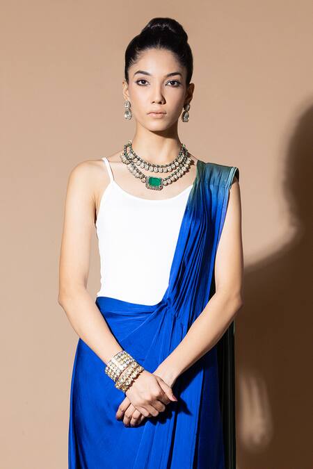 Zeefaa_Blue Modal, Satin Solid Pre-draped Saree_Online_at_Aza_Fashions