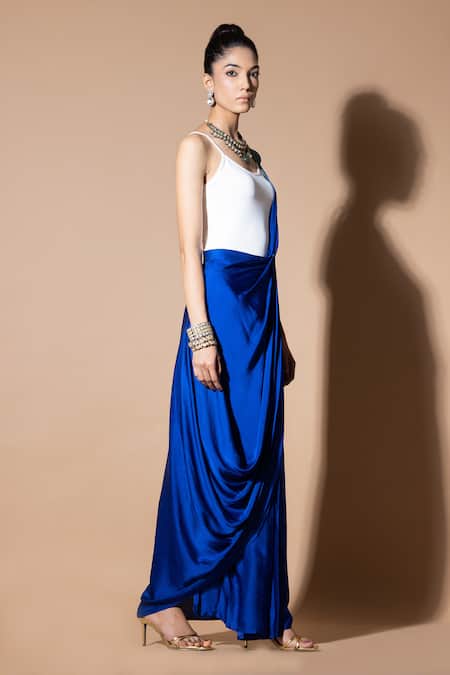 Buy_Zeefaa_Blue Modal, Satin Solid Pre-draped Saree_Online_at_Aza_Fashions