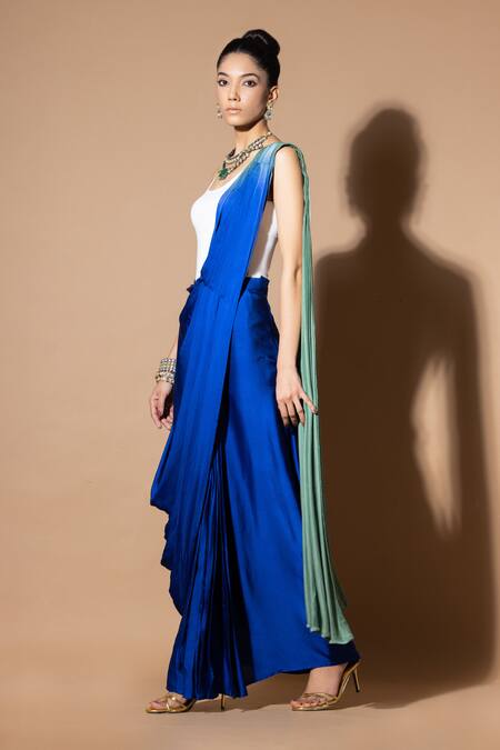 Shop_Zeefaa_Blue Modal, Satin Solid Pre-draped Saree_Online_at_Aza_Fashions