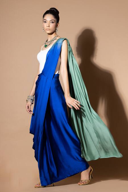Zeefaa_Blue Modal, Satin Solid Pre-draped Saree_at_Aza_Fashions