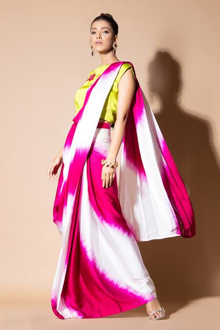 Zeefaa_Pink Modal, Satin Embroidery, Sequins Round Pre-draped Saree With Hand Crop Top_Online_at_Aza_Fashions