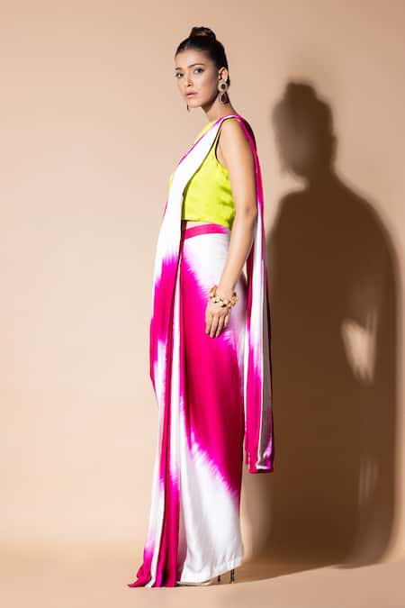 Buy_Zeefaa_Pink Modal, Satin Embroidery, Sequins Round Pre-draped Saree With Hand Crop Top_Online_at_Aza_Fashions
