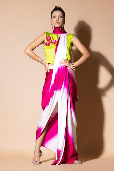 Shop_Zeefaa_Pink Modal, Satin Embroidery, Sequins Round Pre-draped Saree With Hand Crop Top_Online_at_Aza_Fashions
